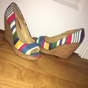 Rainbow striped Nine West wedges
